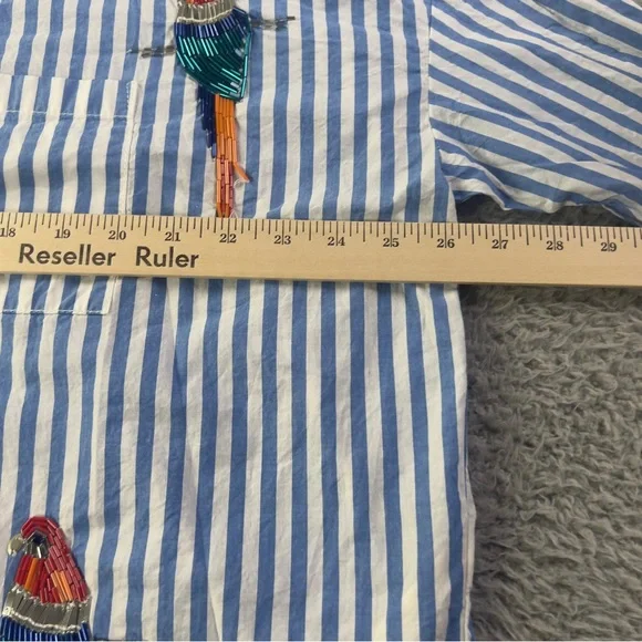 Maeve Parrot Button Down Shirt Womens XS / S Blue White Striped Sequin Oversized - Picture 8 of 9